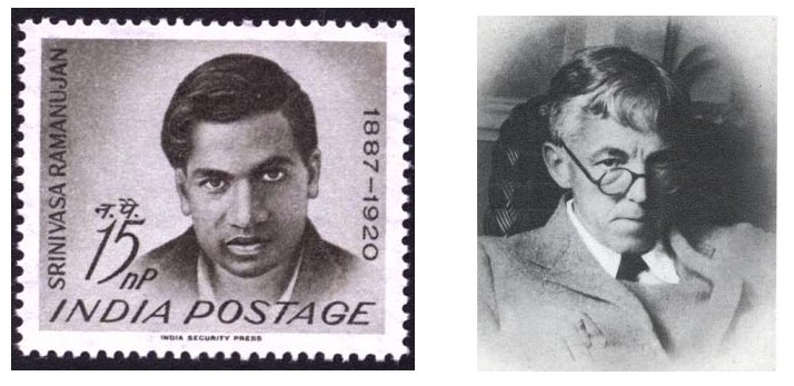 Left: Indian postage stamp issued in 1962, the 75th anniversary of Ramanujan's birth. RIght: G H Hardy.
