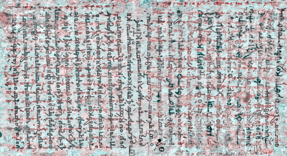 Page of the palimpsest showing older and more recent writing in orthogonal directions(from archimedespalimpsest.org)