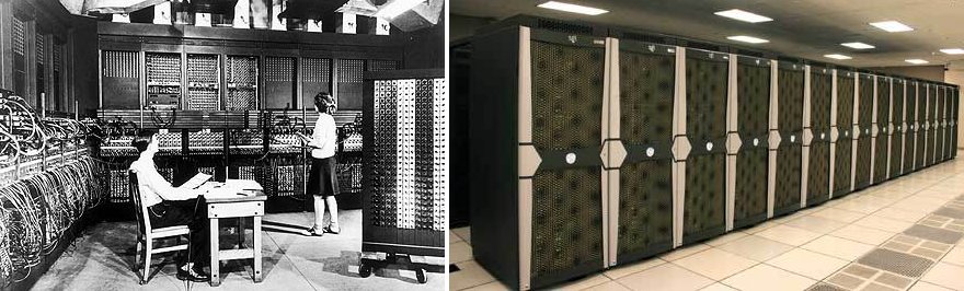 Left: ENIAC, circa 1950. Right: SGI Altix ICE 8200EX (ICHEC computer called Stokes).