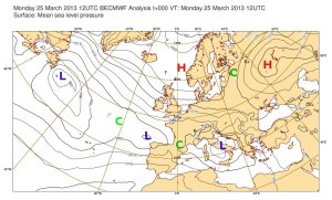 Sea-level pressure analysis from ECMWF, valid Monday 25 March 2013 1200Z. Some highs, lows and cols are marked.