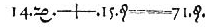  The first equation written in symbolic form. Equivalent in modern notation to 14x+15=71.