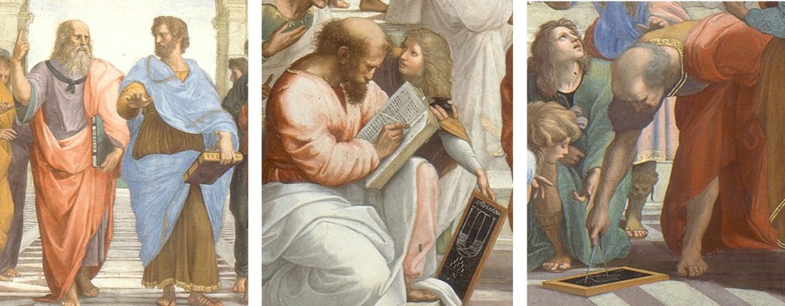 Left: Plato and Aristotle. Centre: Pythagoras. Right: Euclid (or Archimedes?).