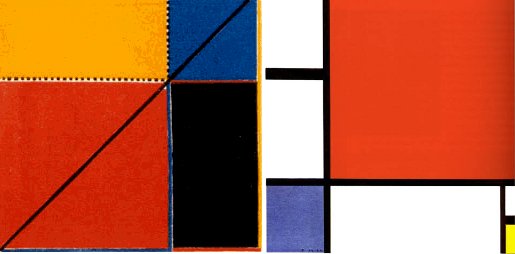 Left: Diagram from Byrne's Euclid. Right: Composition by Piet Mondrian.