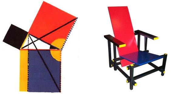 Left: Oliver Byrne's diagram (1847) for the Theorem of Pythagoras. Right: Gerrit Rietveld's Red and Blue Chair, 1918.