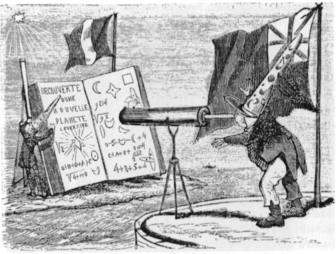 Controversy over who first predicted Neptune: a French cartoon showing Adams spying on Leverrier.