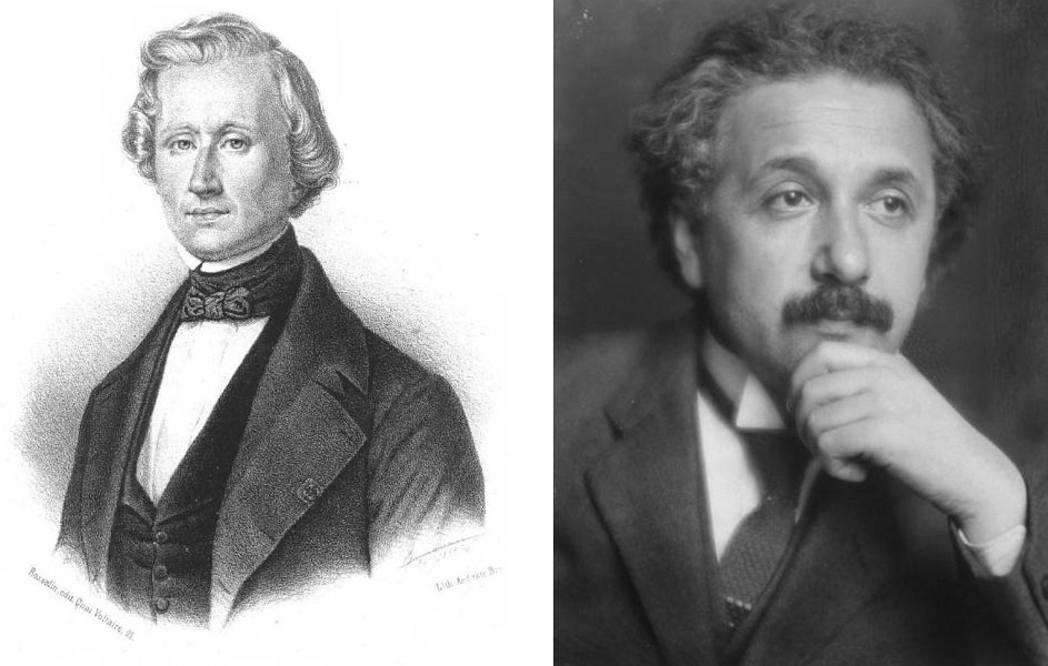 LEFT: Urbain Le Verrier. French physicist François Arago described him as “the man who discovered a planet with the point of his pen”. RIGHT:  Albert Einstein (1879-1955) photographed in 1921 [Image Wikipedia].