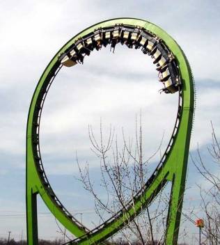 Vertical loop on the Shockwave coaster at Six Flags over Texas [image Wikimedia Commons].
