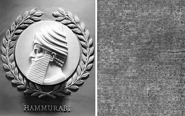Left:  Image of Hammurabi in the US Congress. Right: Part of an inscription of the Code of Hammurabi.