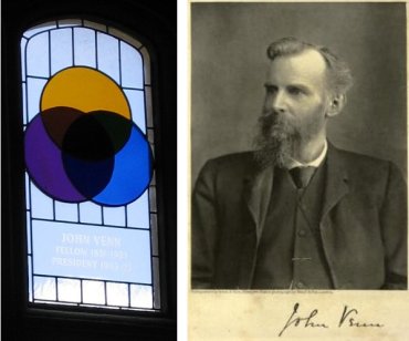 RIght: John Venn (1834–1923) with signature. Left: Stained glass window at Gonville & Caius College showing Venn diagram [images Wikimedia Commons].