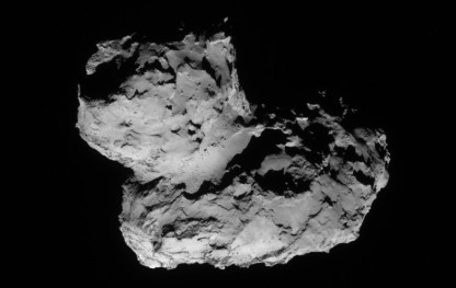 Comet 67P/Churyumov-Gerasimenko on 11 August 2014. The landing site is on the smaller knob, near the top of the image. Photo copyright ESA.