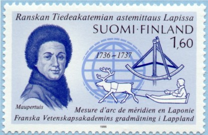 Finnish postage stamp featuring an image of Maupertuis, issued to commemorate 153 the 250th anniversary of the French Geodetic Mission to Lapland.