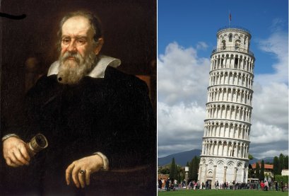 Left: Galileo. Right: The Leaning Tower of Pisa