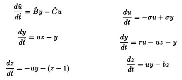 Left: Equations of Vallis' model. Right: the Lorenz 3 equation model.