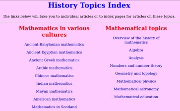 Screen image of the MacTutor page listing History Topics.