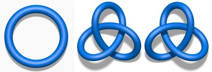 Simple knots. On the left is the unknot. Centre and right are a trefoil knot and its mirror image.