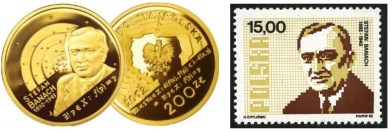 A coin and a postage stamp commemorating Stefan Banach.