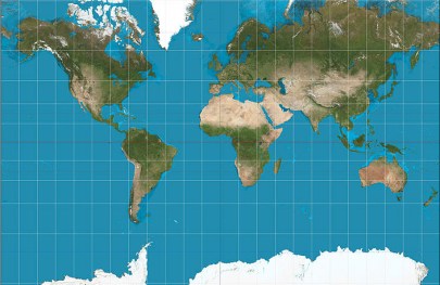 Mercator projection of the Earth, truncated at 75 degrees North and South [Wikimedia Commons, author: Strebe].
