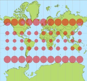 Mercator projection with Tissot‘s indicatrices showing the areal distortion [Image: Wikimedia Commons. Author Stefan Kühn].