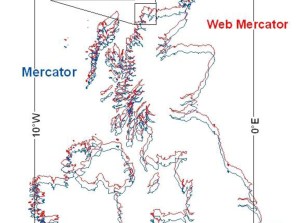 Example of Overlaying Ellipsoid Mercator (blue) and Web Mercator (red). [Image from National Geospatial Intelligence Agency Report, 2014]