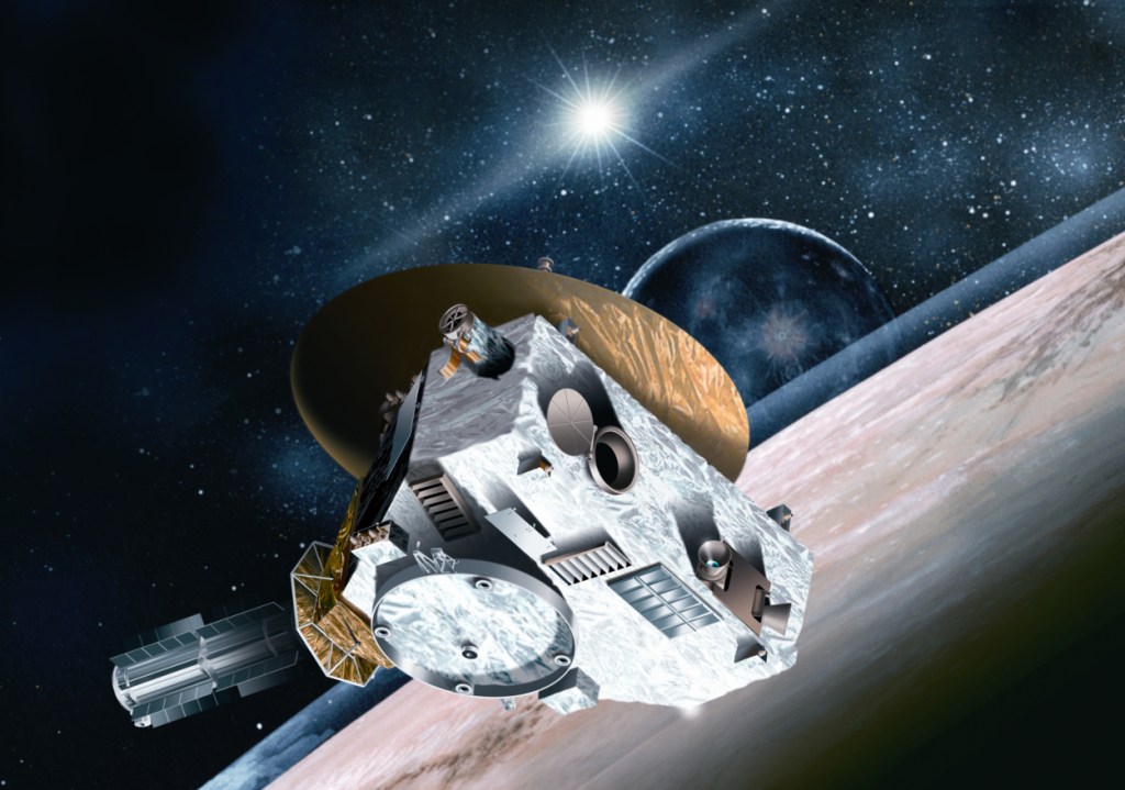 Artist's impression of the New Horizons probe at Pluto flyby [NASA image].