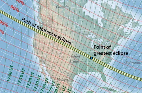 Path of totality of solar eclipse, Monday 21 August 2017 [Image downloaded from http://eclipse-maps.com/Eclipse-Maps/Gallery/Pages/Total_solar_eclipse_of_2017_August_21_files/Media/TSE2017_stereographic/TSE2017_stereographic.jpg ]