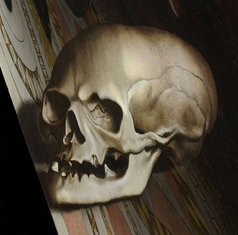 A higher-resolution and more accurate depiction of the anamorphic skull in The Ambassadors. https://commons.wikimedia.org/wiki/File:Holbein_Skull.jpg